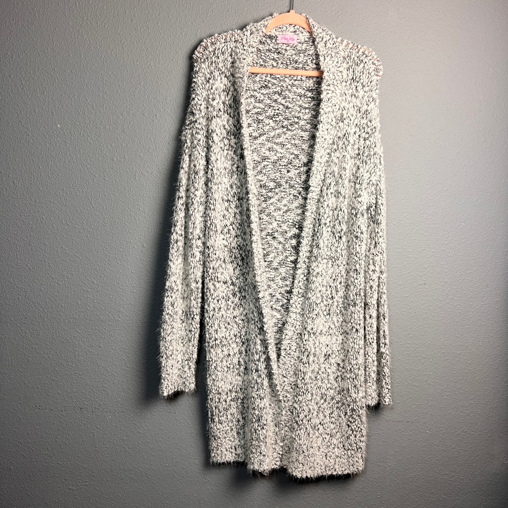 Pink Lily‎ Womens 2XL Marled Eyelash Knit Longline Duster Cardigan Black White